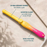 The Beachwaver Malibu Sunrise B1 rotating curling iron featuring a 1-inch barrel in a yellow to pink ombre finish, ideal for creating tight, defined curls and waves.