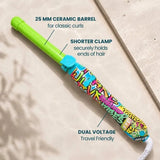 The Beachwaver Neon Graffiti B1 rotating curling iron featuring a 1-inch barrel in a Graffiti patterned finish, ideal for creating tight, defined curls and waves.
