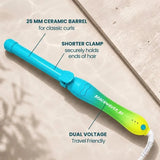 The Beachwaver Ocean Ombre B1 rotating curling iron featuring a 1-inch barrel in a blue to green ombre finish, ideal for creating tight, defined curls and waves.