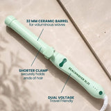 The Pastel Sage B1.25 rotating curling iron featuring a 32 MM barrel in a light green color, ideal for creating voluminous waves.
