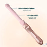 The Beachwaver Pink Glitter B1 rotating curling iron featuring a 1-inch barrel in a pink glitter finish, ideal for creating tight, defined curls and waves.
